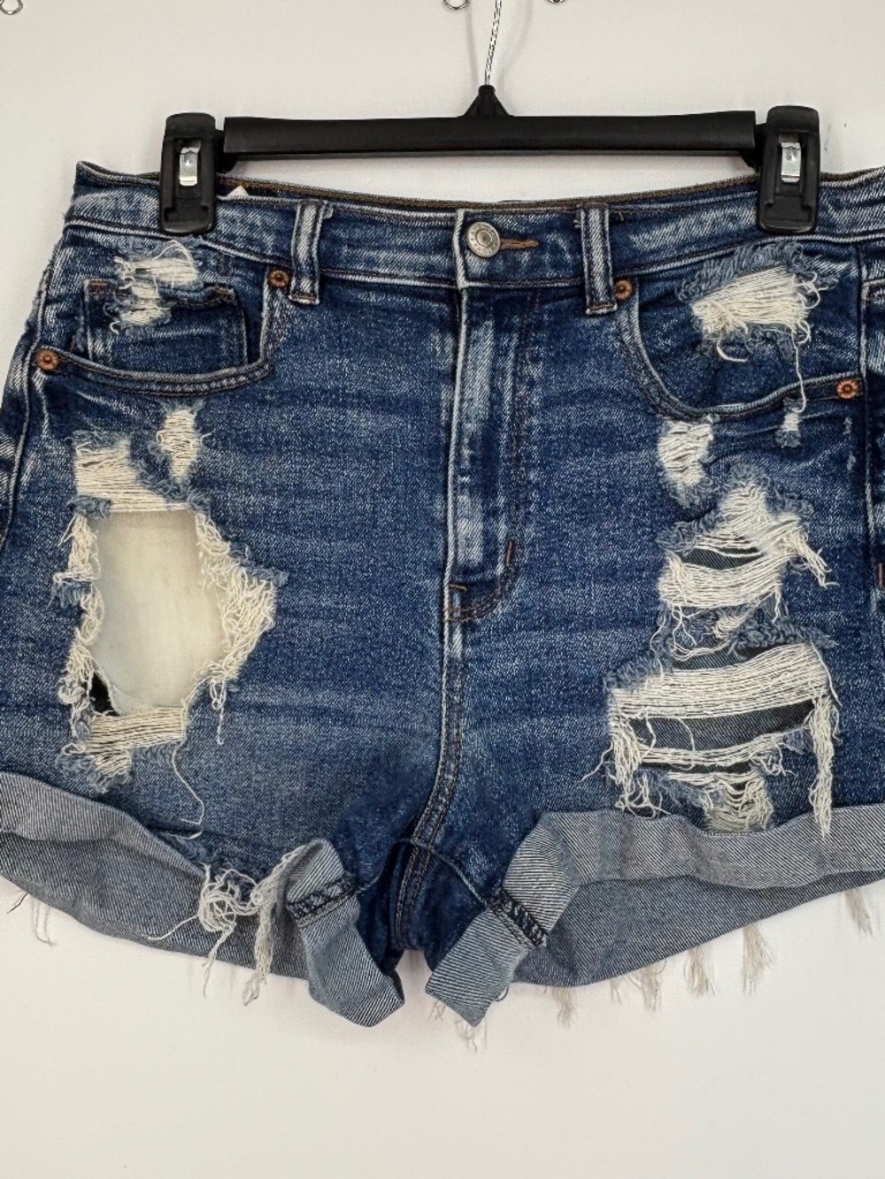 American Eagle Outfitters Womens Size 8 Jean Shorts Blue Distressed Holes Cuffed